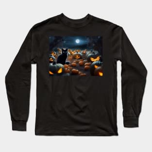 Sleek black cat in a creepy pumpkin patch Long Sleeve T-Shirt